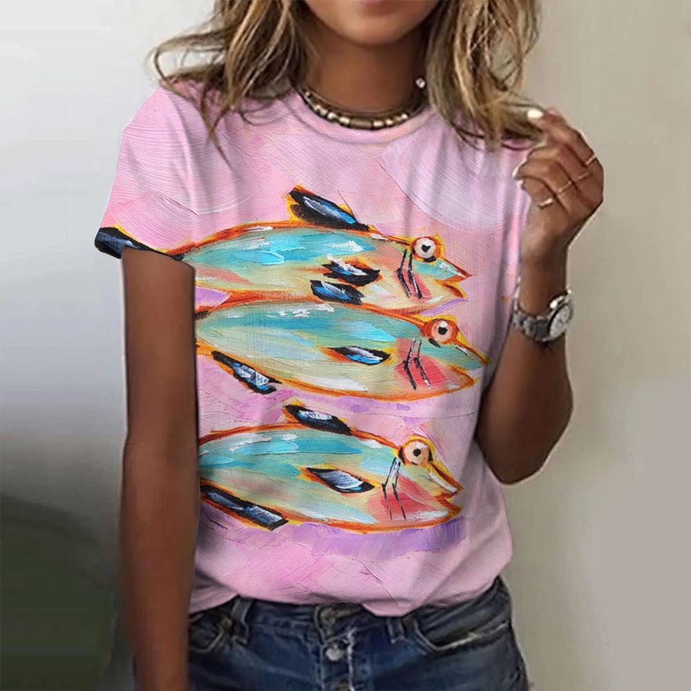 

Летний топ с круглым вырезом и принтом 3D-рыб, модные повседневные женские футболки с короткими рукавами XXL