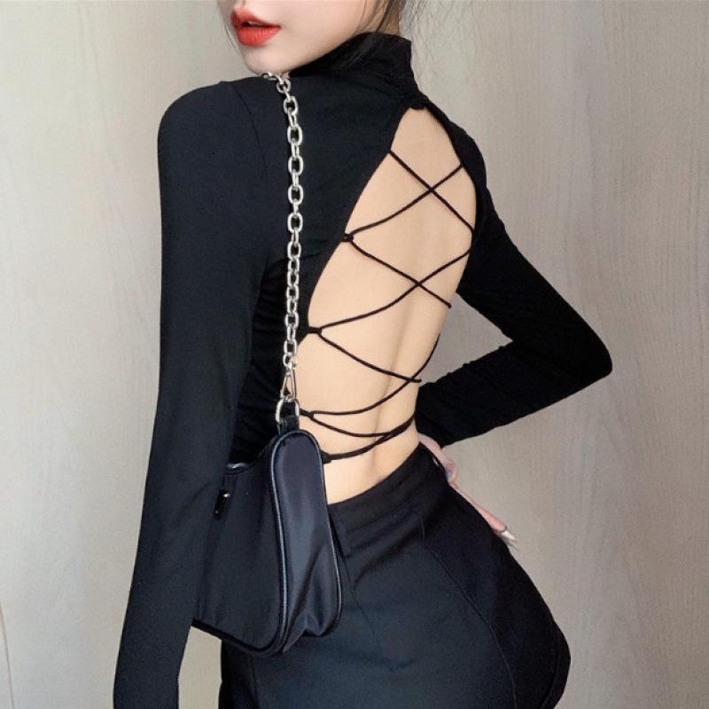 Women's Sexy Back Cut-out Long Sleeve High-Neck Crop Top - Trendy Spring/Autumn Fashion