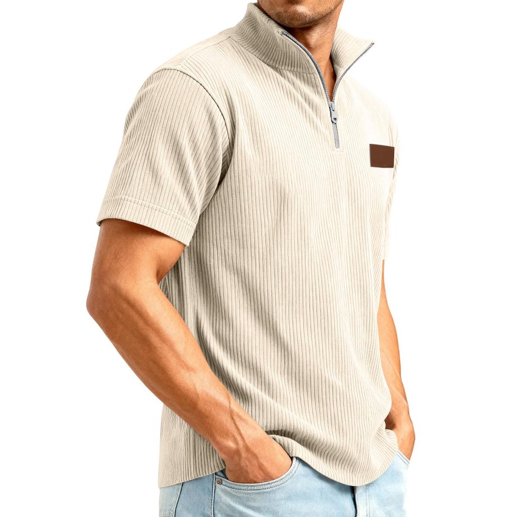 Men's 1/4 Zip Corduroy Short Sleeve Top | Loose Fit Fashion Casual Pullover For Daily Wear