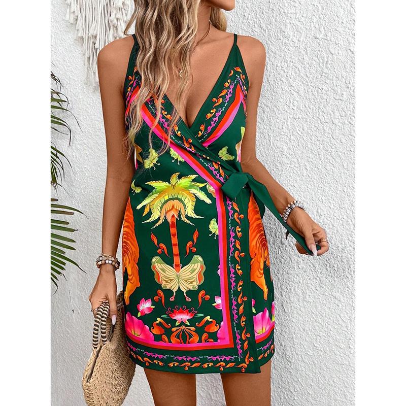 Vestido Sexy de Tirantes sin Mangas con Estampado Tropical de Verano para Mujer Vestidos Casuales Elegantes con Cordones de Cintura Alta Moda Mujer Vintage Ajustado Vestido Corto 25912