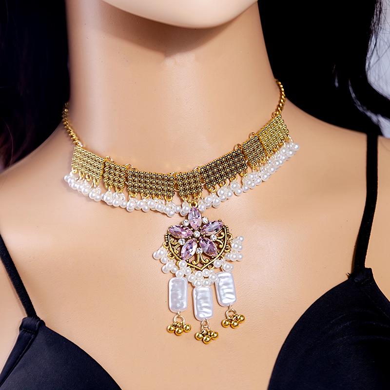 Bohemian Crystal Jewelry Set: Ethnic Tassel Necklace & Earring with Rhinestones