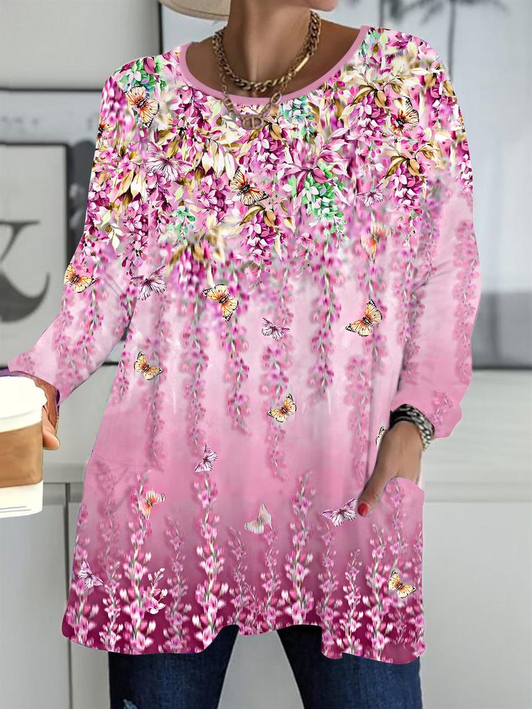 2025 Autumn Winter New Plus Size Women's Tops, Flower 3D Print Fashion Crew Neck Long Sleeve T-Shirts