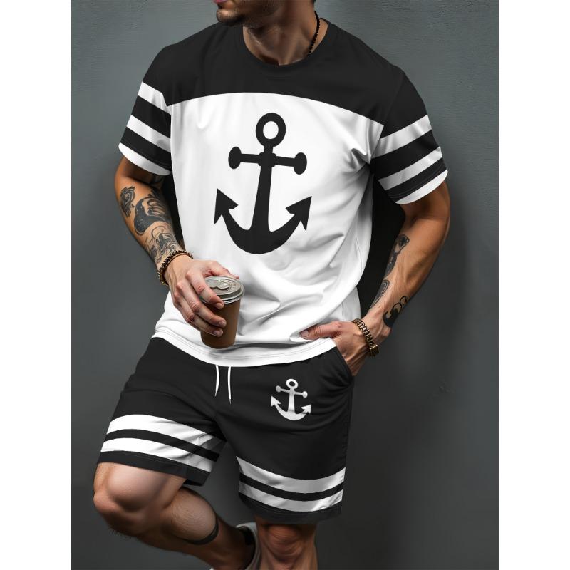 Nuovo Set da Uomo con Ancora Blu Marina T-Shirt Estiva da Esterno & Pantaloncini con Coulisse Set Due Pezzi Abbigliamento Sportivo Casual