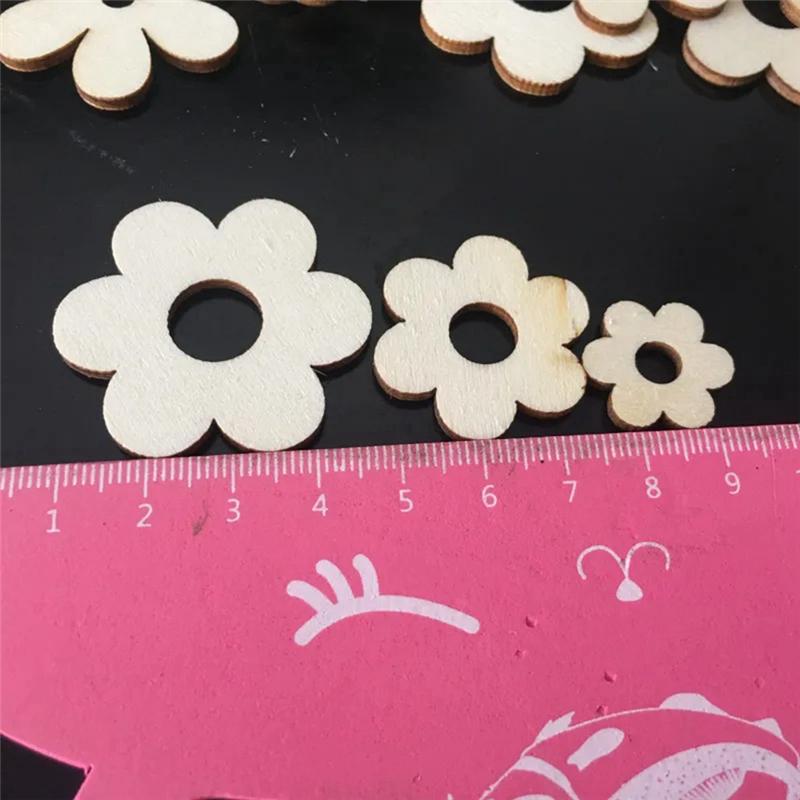 ABBY-100Pcs Wooden Flowers Ornaments With Hole Handmade Wooden Crafts Accessories Parts For Scrapbook DIY Home Decoration