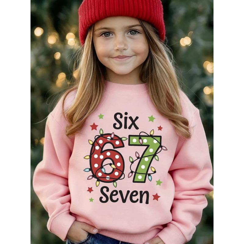 Christmas Birthday Kids Sweatshirt Over 4Y Unisex Boys Girls SIX SEVEN Xmas Light Polka Dot Number 67 Star Graphic Pullover For 4-12 Children