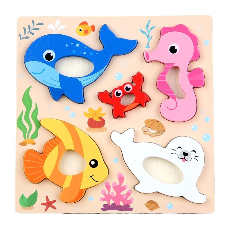 Montessori 3D Holzpuzzle Cartoon Tiere Muster Legespiel Kinder Lernspielzeug Geschenke für Kinder