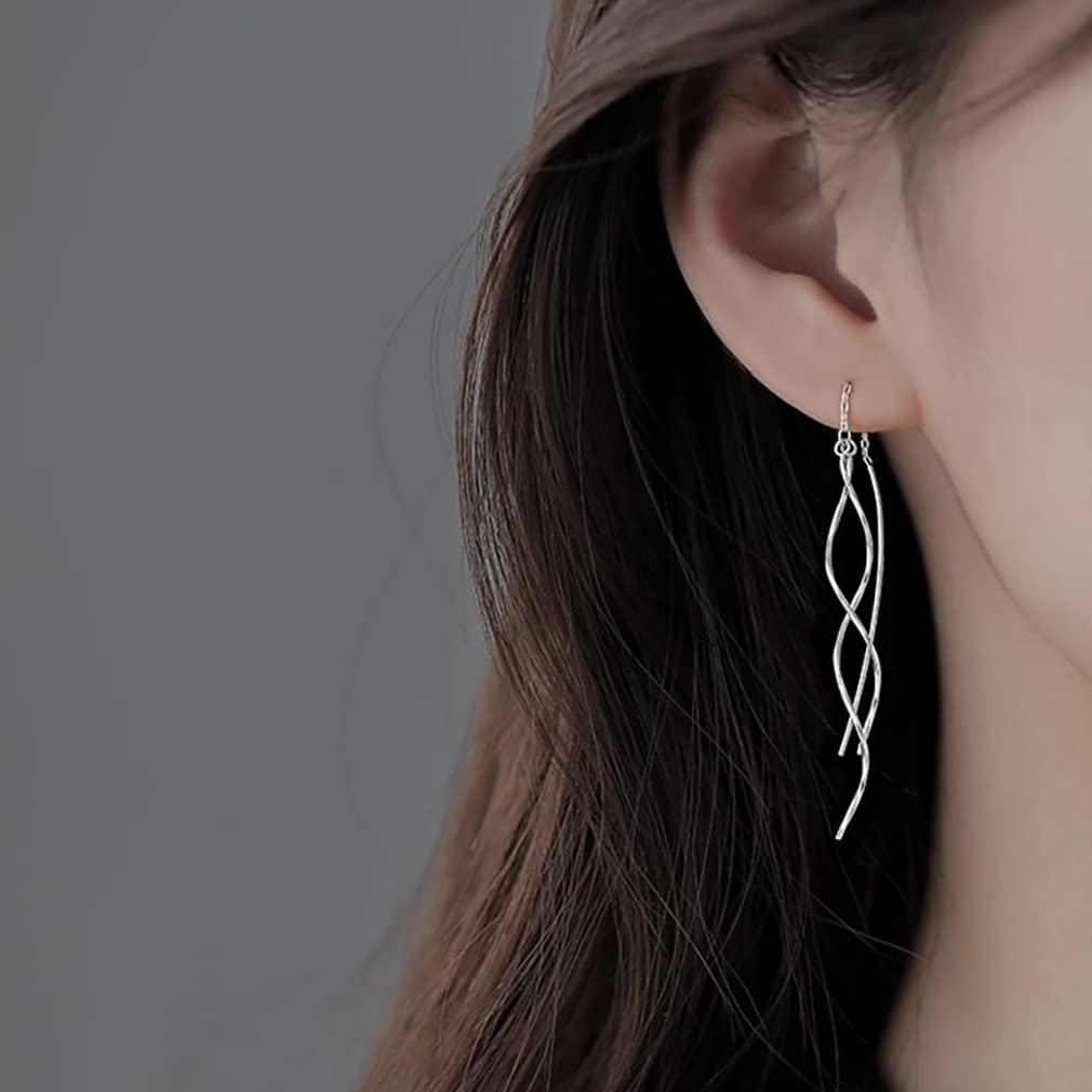 SLUYNZ 925 Sterling Silver Curve Threader Earrings Chain for Women Teens Girls Dangle Wave Earrings Tassel