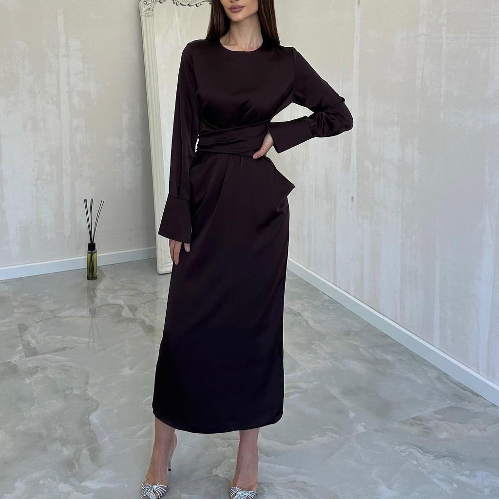 2024 Höst Europeisk & Amerikansk Damklänning med Lång Ärm, Slimmande Passform, Rund Hals & Midjeband