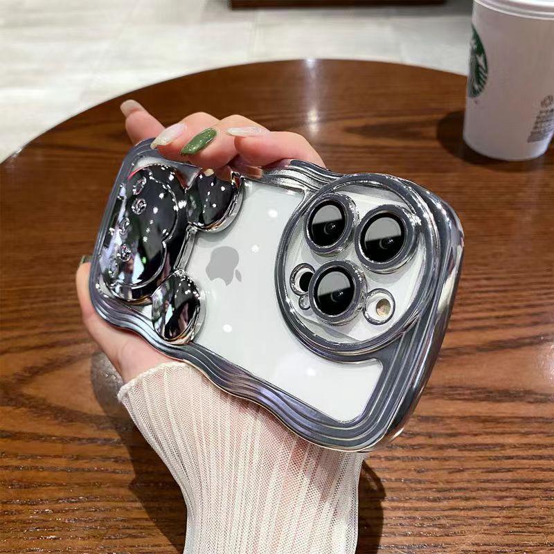 Electroplated Wavy Phone Case Suitable for IPhone15 Transparent Apple 14promax Anti-drop Soft 13 Cartoon Stand
