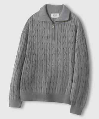 LEMAIN SECOND Oversized Voluminous Washable Half-Zip Cable Knit [Gray]