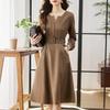 V-Ausschnitt Büro Elegant Midi Kleid Langarm Herbstkleider Koreanisch Tasche Vestidos Neue Mode Damen A-Linien Kleid Mit Gürtel