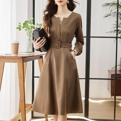 V-hals Kantoor Elegant Midi Jurk Lange Mouw Herfst Jurken Koreaans Zak Vestidos Nieuwe Mode Vrouwen A-lijn Elbise Met Riem