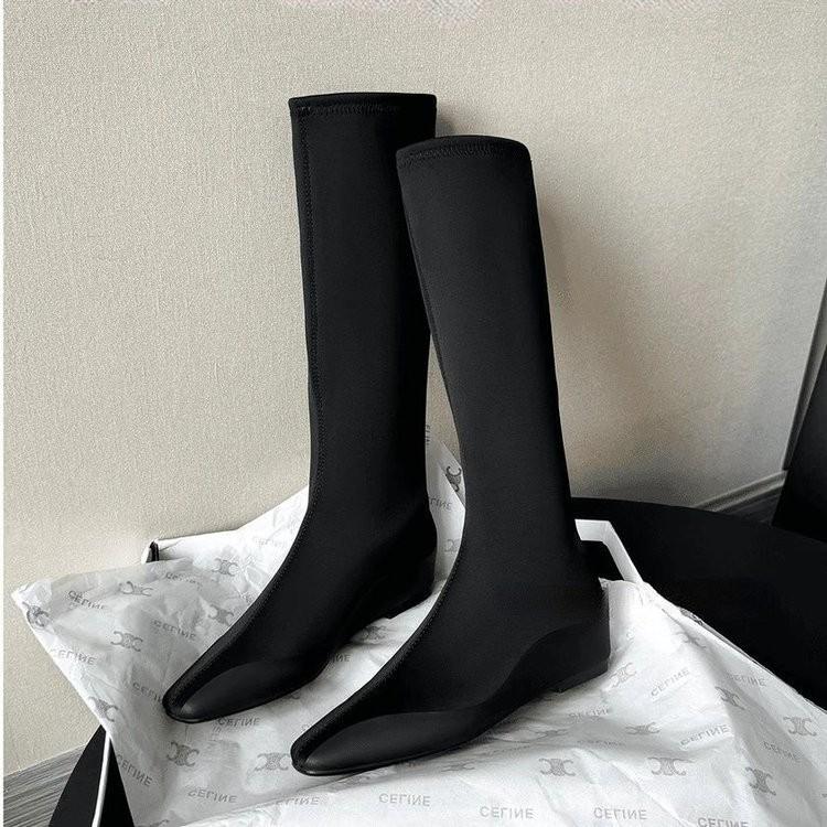 

Minimalist row style versatile leg boots elastic thin boots women s stockings boots square head flat bottom but knee long boots 38