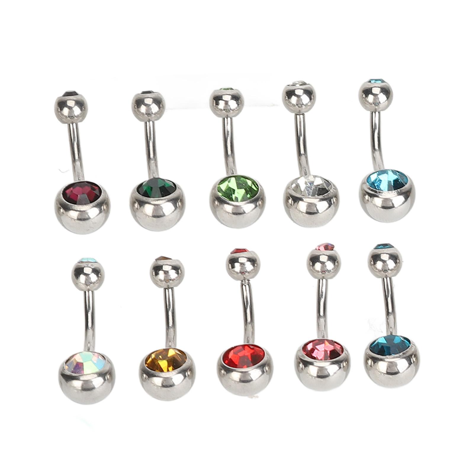 

10 шт. Кольца для пупка, цветные стразы, нержавеющая сталь, изогнутая штанга для пупка, пирсинг