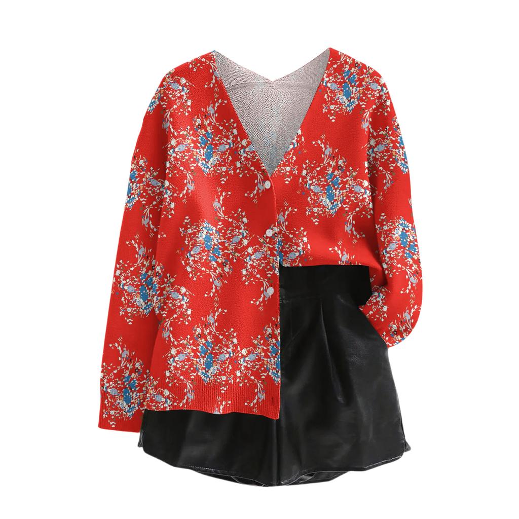Women's V Neck Top Printing Thickened Plush Cashmere Warm Long Top