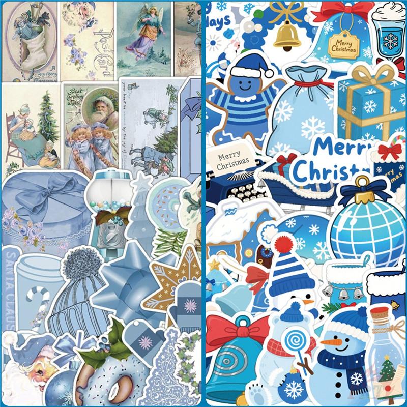 50Pcs/100Pcs Blue Merry Christmas Stickers DIY Fashion Waterproof Doodle Decals Stickers