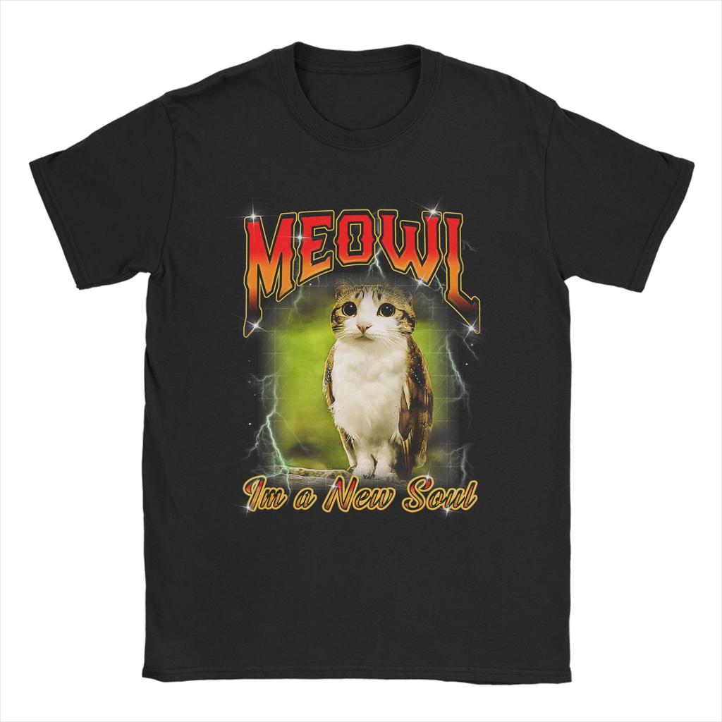 Humor Cat Owl Funny Cursed Internet Brainrot Bootleg Meowl TShirts Men 100 Cotton T Shirts Short Sleeve Plus Size Clothing