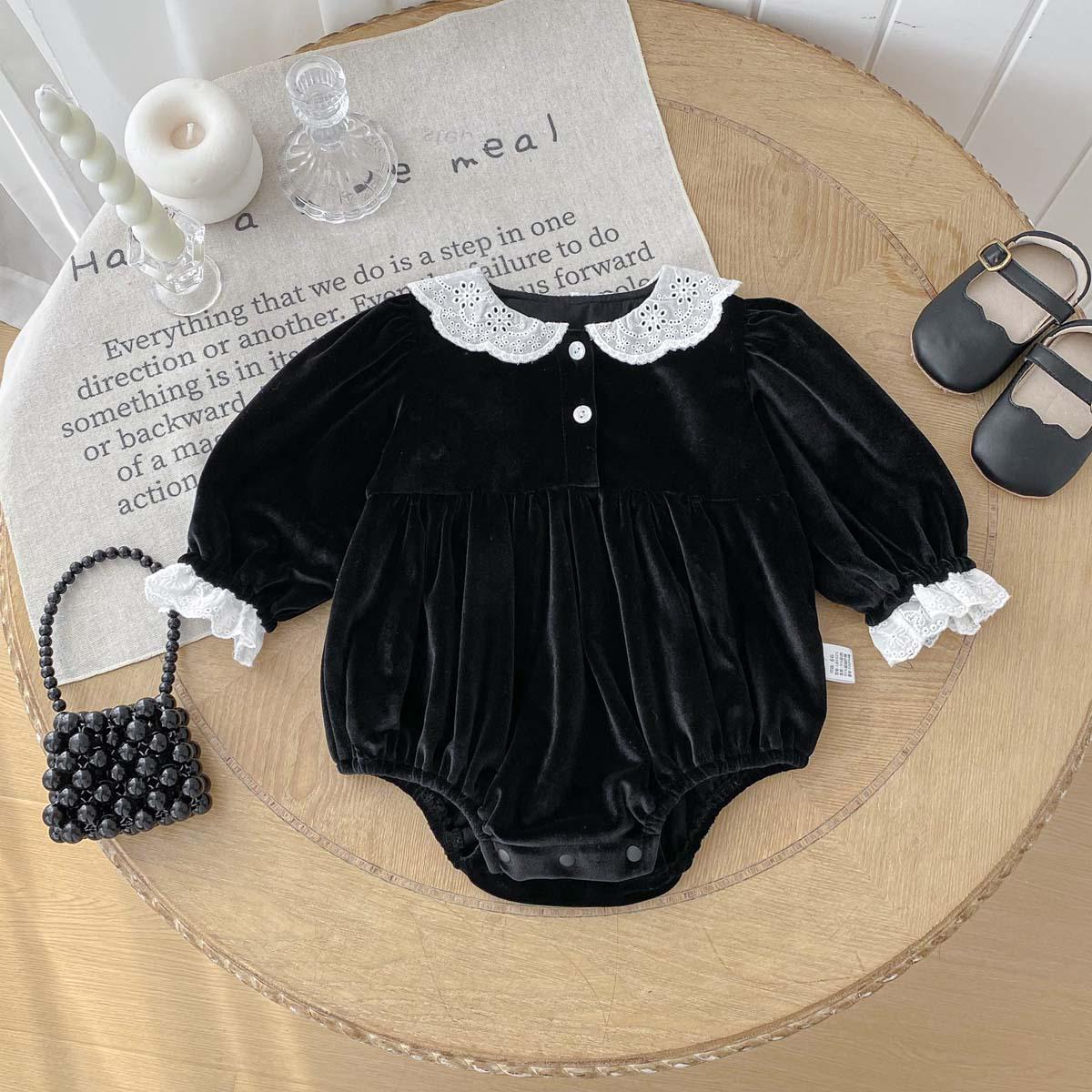 

Baby Girl Gold Velvet Lace Collar Romper - Autumn Court Style Long Sleeve Jumpsuit 66cm