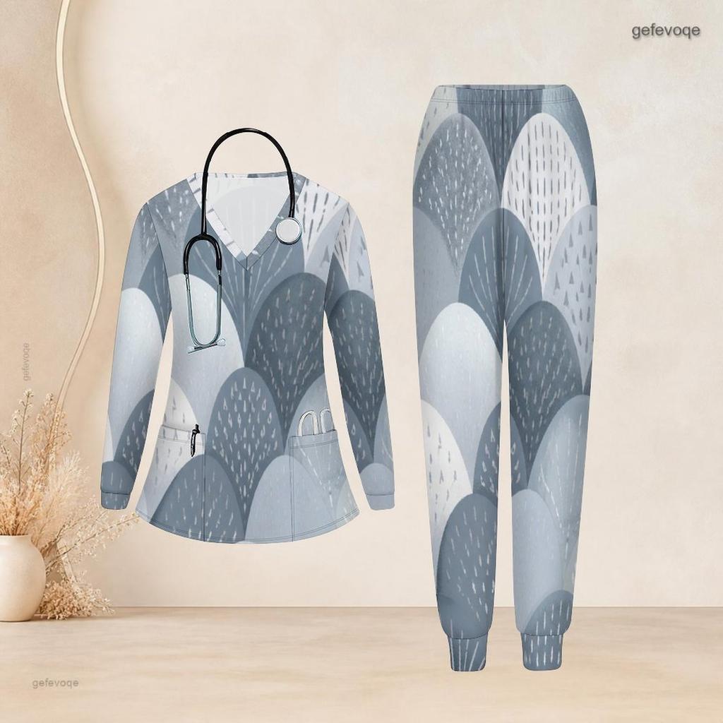 Women Plus Size Printed Nurse Scrub Set V Neck Long Sleeve Top With Pockets And Long Pants
