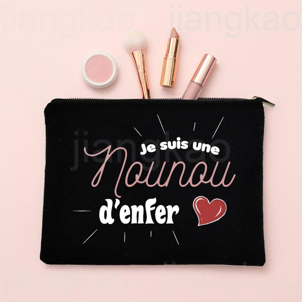 I Love My Nanny French Print Makeup Bag Travel Toiletries Organizer Pouch Women Cosmetic Case Zipper Bags Thanks Gift for Nounou