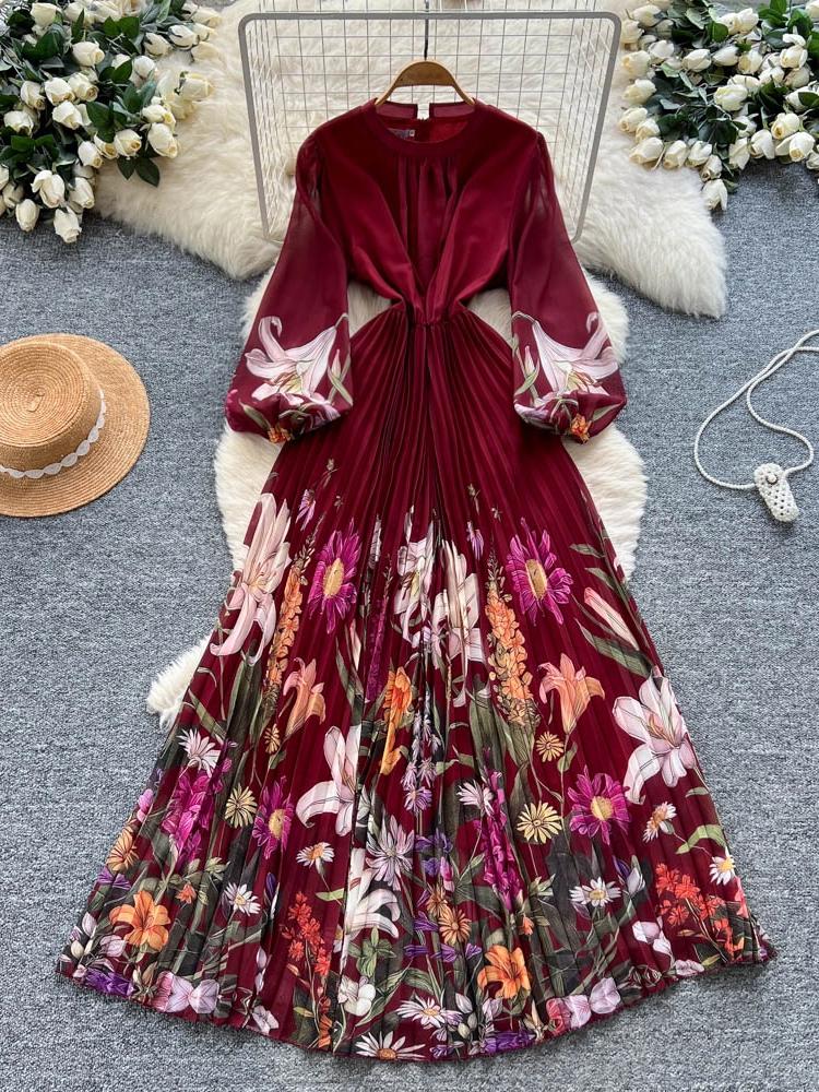 Hochwertiges bedrucktes Kleid für Damen Frühling Herbst A Schlank machende Taille und elegantes plissiertes langes Damenkleid