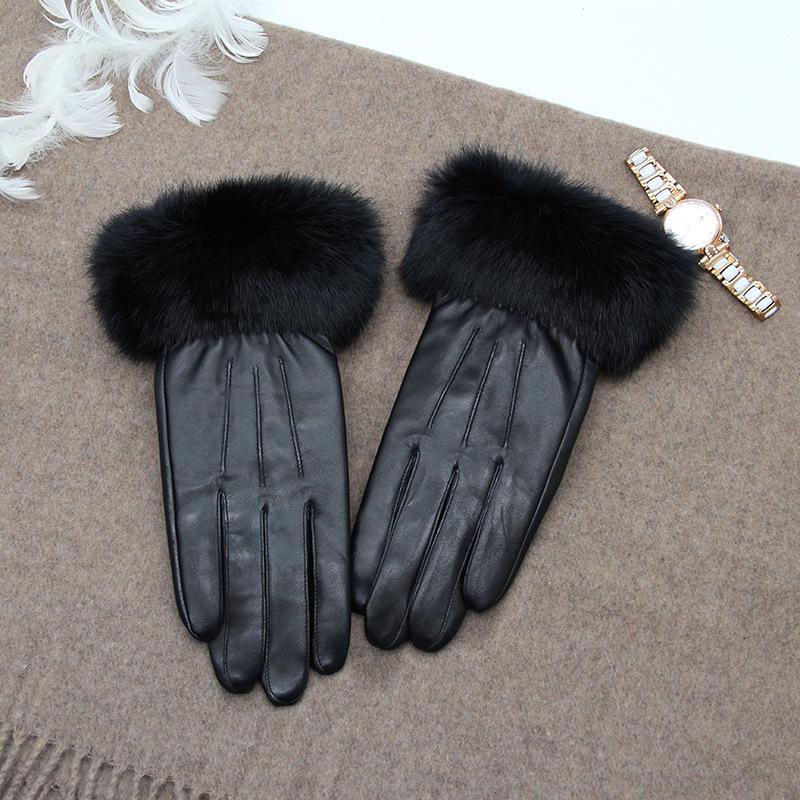 Women's Winter Velvet-Lined Lambskin Gloves - Korean Style, Windproof, Cute Rabbit Fur, Touchscreen Compatible.