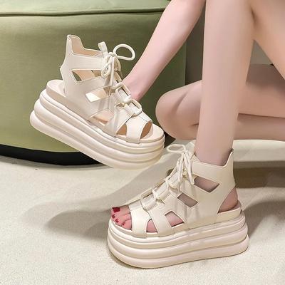 Fashion 8.5CM Thick Bottom Gladiator Shoes Woman New Summer Chunky Sneakers High Platform Sandals Hollow Out Wedge Heels Beach Sandalias