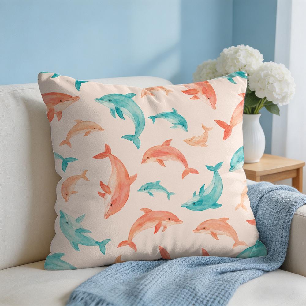 Cushion Cover Whale Print Short Plush Soft DoubleSided Printing Pillow Case Cozy Sofa Bedroom Home Decor Gift