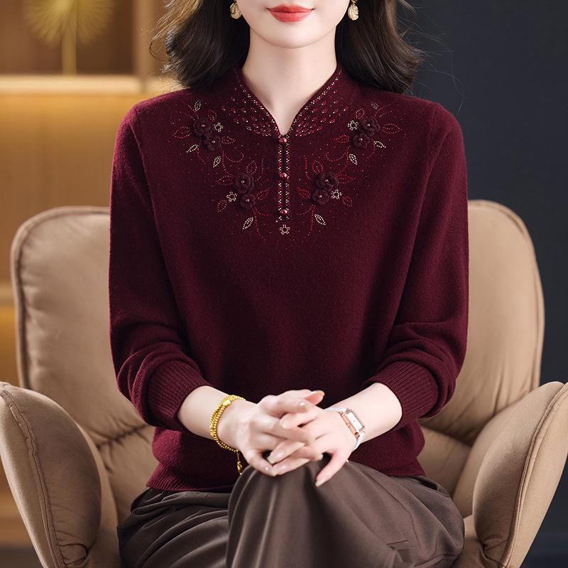 Stylish Qipao Collar 100% Wool Sweater for Middle-Aged & Elderly Women - Warm Winter Knitwear