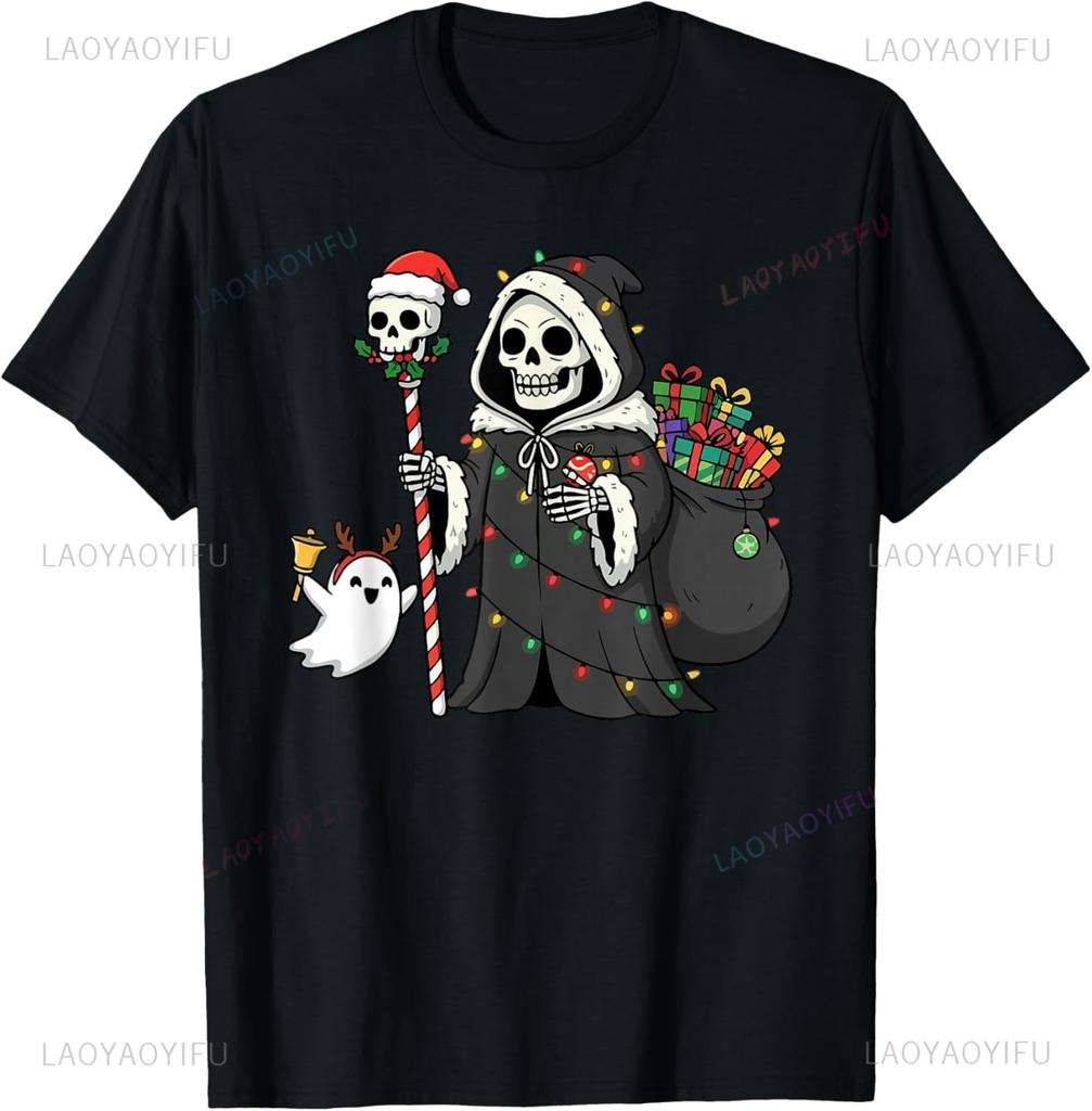 Christmas Skeleton Carrying A Ghost Grim Reaper Presents T-Shirt Individuality Funny Shirt Customizable Camisas Streetwear