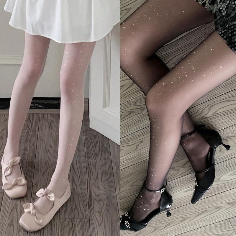 Women Sweet Ballet Style Ultra-Thin Sheer Pantyhose Stockings Glitter Star Patterned See-Through Tights Leggings Hosiery