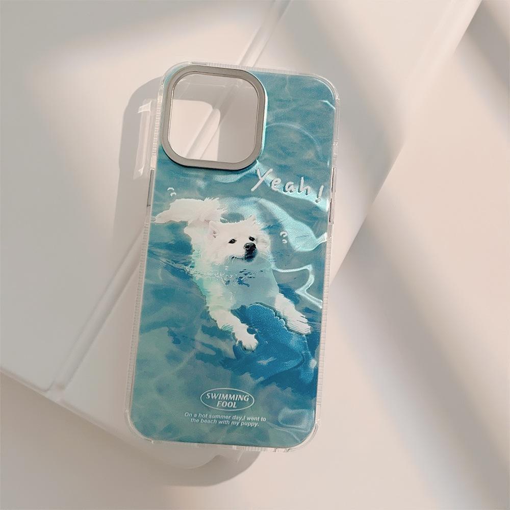 Cute Summer Swimming Puppy Apple 15 Mobile Phone Case Suitable for 14promax Water Ripple IPhone 16 Cartoon