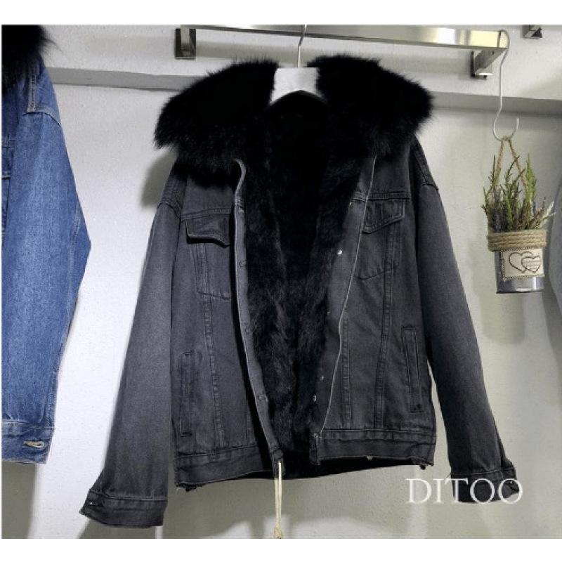 Women's Cozy Padded Denim Jacket - Casual Button Down With Fur Collar