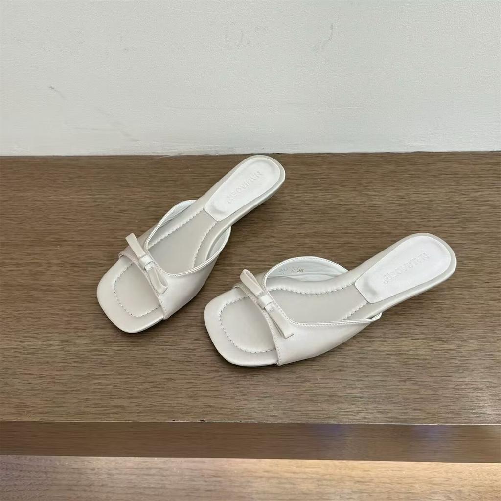 Fashion Silver Satin Flat Slides | Square - Toe Bow - Decorated Casual Daily Shoes