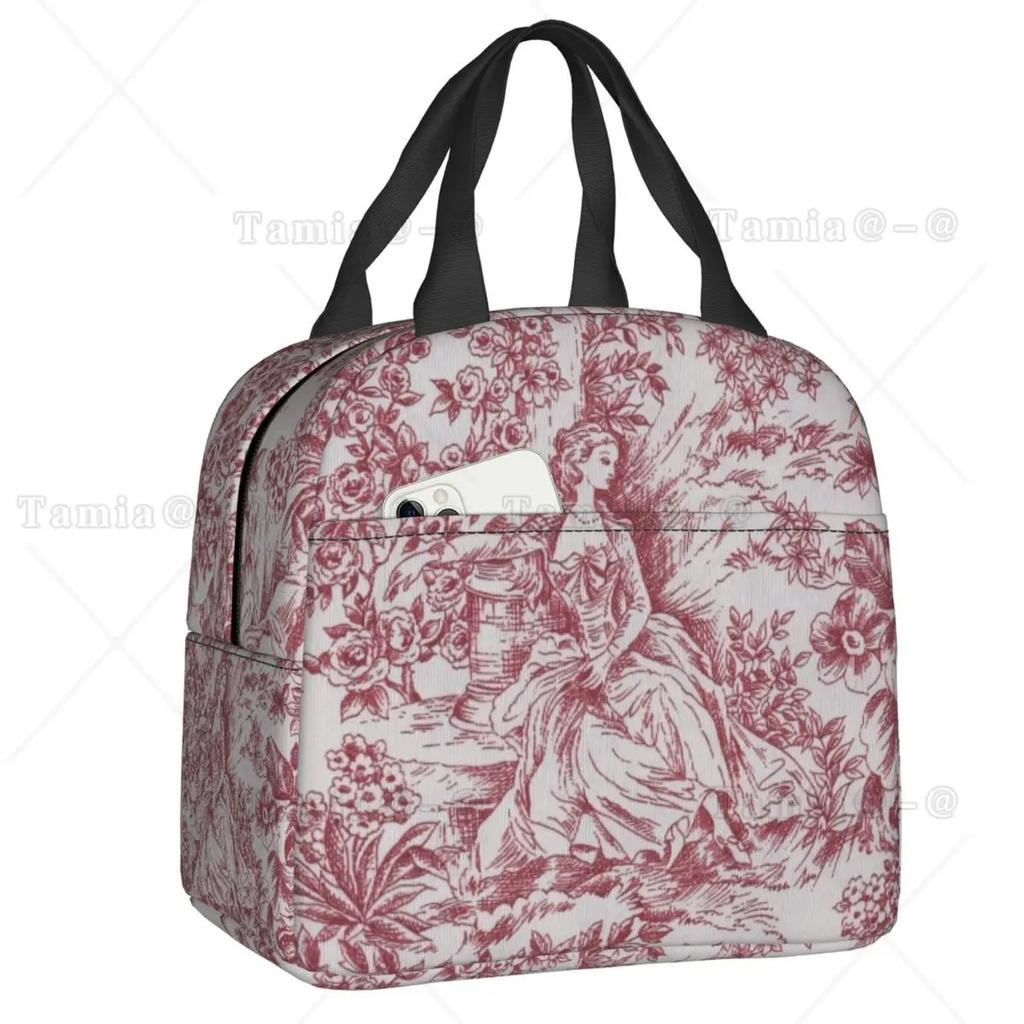 French Toile De Jouy Navy Blue Motif Pattern Thermal Insulated Lunch Bag Lunch Container for Outdoor Picnic Storage Food Box