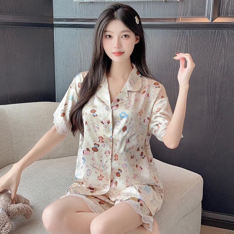 Women's Summer Pink Stripe Ice Silk Short Sleeve Pajama Set for Indoors and Outdoors