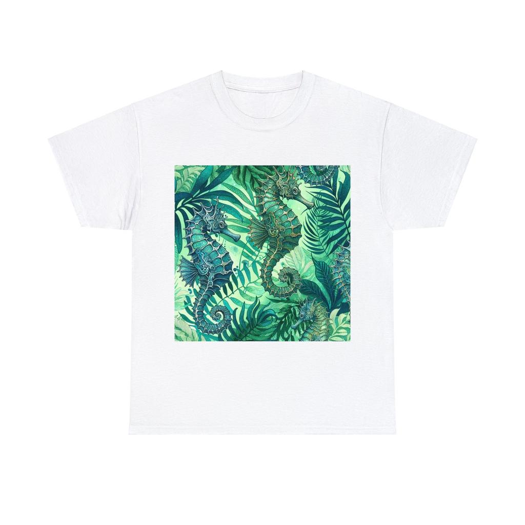 Unisex Adult T Shirt seahorses, teal, botanical, watercolor