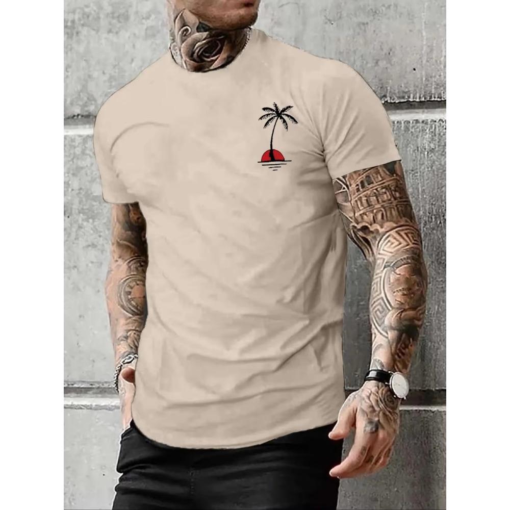 Men's Summer Casual Loose Size 100% Cotton Coconut trees Print Round Neck Short Sleeve T-shirt Top