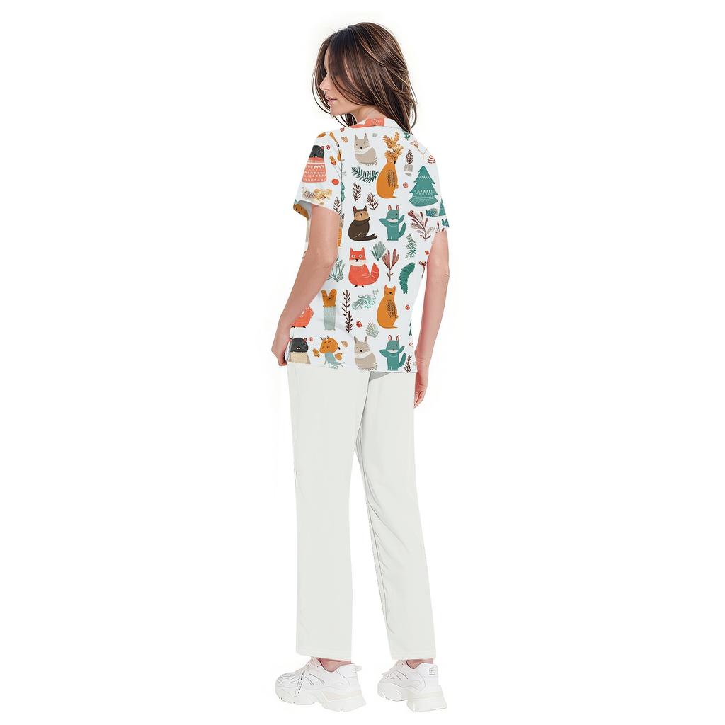 Magliette da lavoro taglie forti, uniformi da lavoro stampate per donne, scollo a V incrociato, stampa di Halloween, maniche corte, divertenti, t-shirt da lavoro con tasche