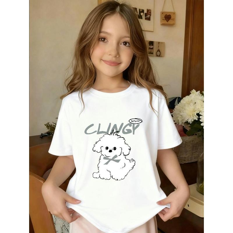 Girls Crewneck Polyester Tee, Cartoon Little White Dog Print 110 белый