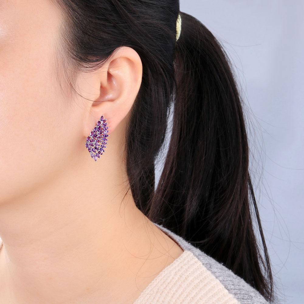 Boucle d'oreille à fermoir fin en argent sterling 925, pierres précieuses d'améthyste naturelles, design d'aile pour filles et femmes à la mode, joli cadeau