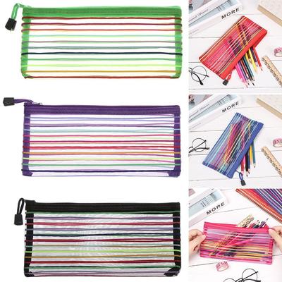 1pc Coin Purse Gifts Makeup Rainbow Color Nylon Stationery Cosmetic Storage Mesh Pen Bag Zipper Pencil Case Grid