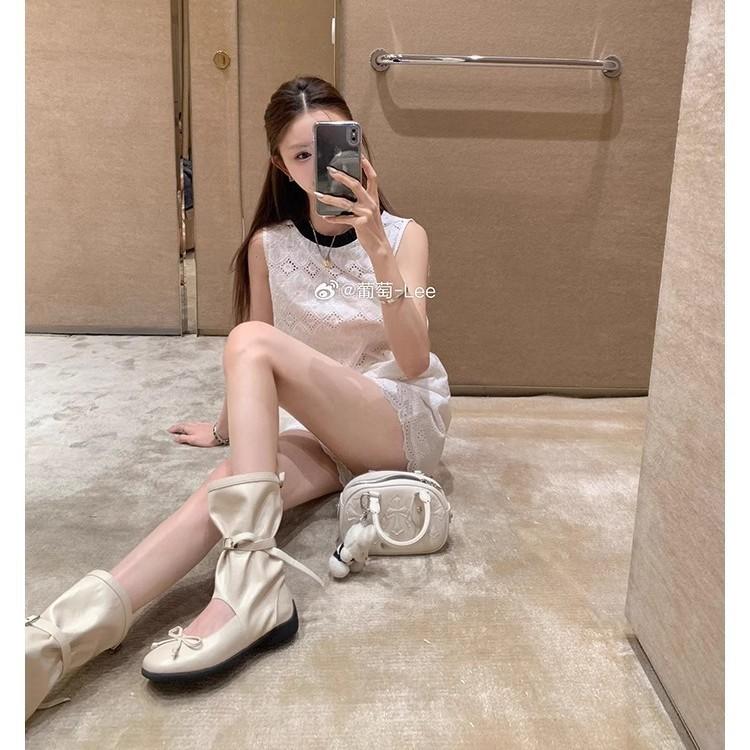 Grape Mother Has the Same Fashionable Square Round Head Bow, Shallow Mouth Mary Jane Medium Boots Temperament Casual Versatile Cool Boots Women