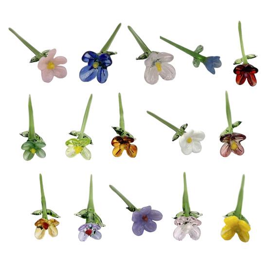 Handmade Glass Flower Decoration with Stem Hand-Blown Mini Floral Plants Figurine Home Living Room Office Table Flower Vase Ornament