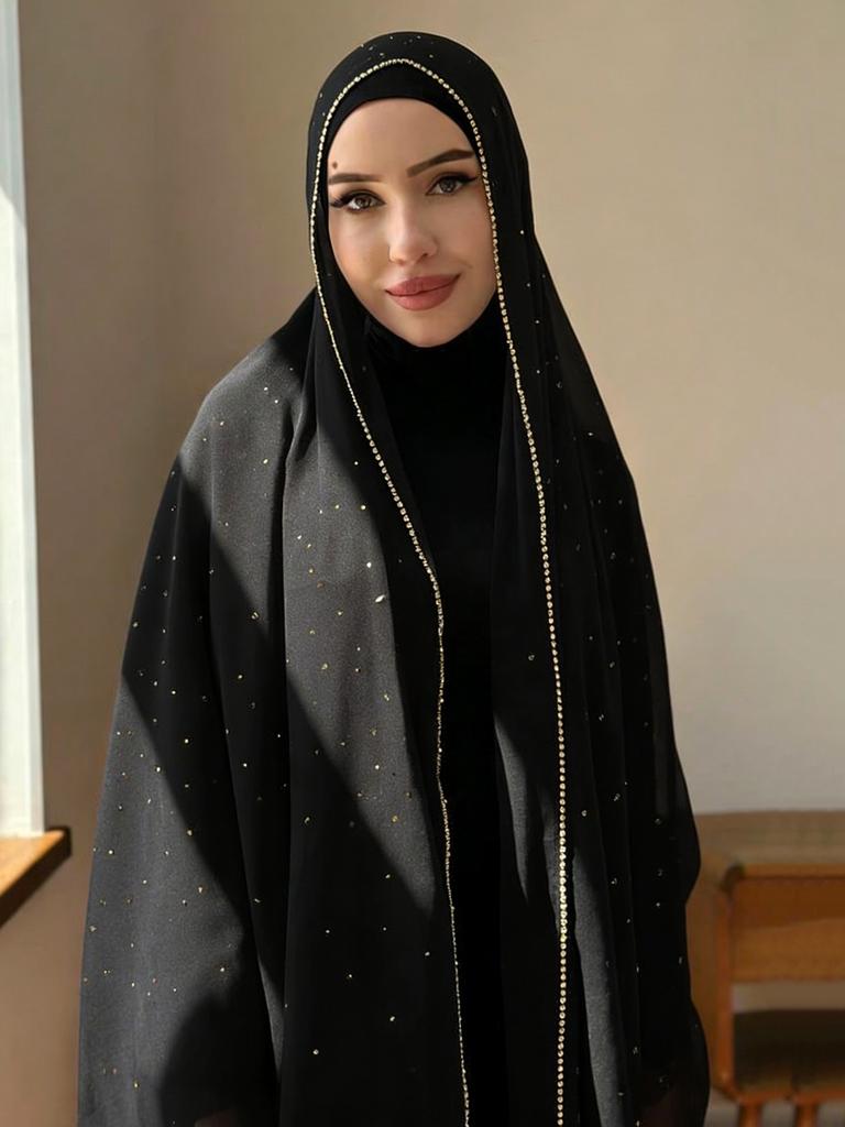Skromný moslimský šifónový hidžáb s kamienkami a zlatým zipsom Šatka Islamská šatka na hlavu pre ženy Párty Svadba Ramadan Eid