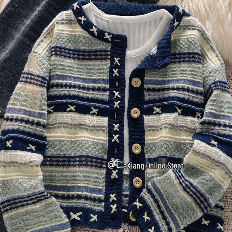 Retro Koreanischer Strick-Cardigan und Schlagjeans Set für Damen