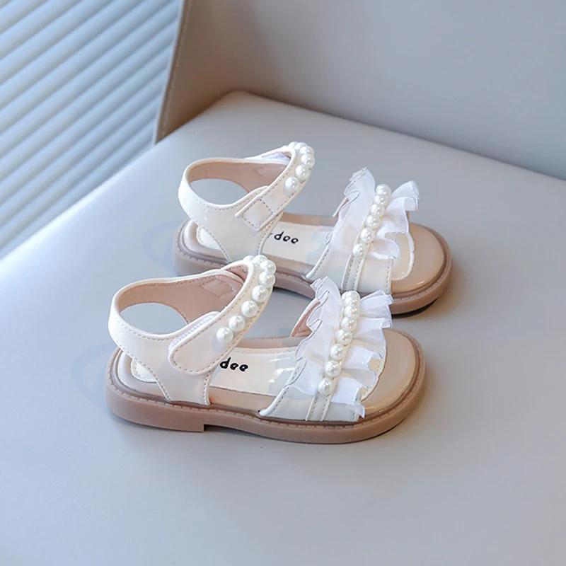 Dziewczęce Buty Plażowe Dziecięce Sandały Perły z Koronką Księżniczka Słodkie Odkryte Palce Miękkie Antypoślizgowe Urocze dla Dzieci Lato 2025 Fabrycznie Nowe