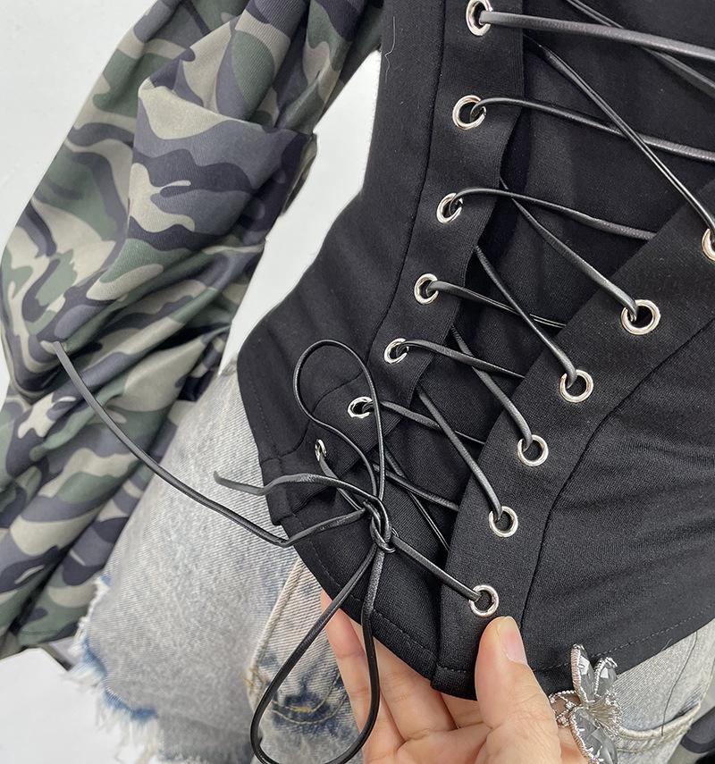 American Retro Camouflage Lace-up Pleated Shirt