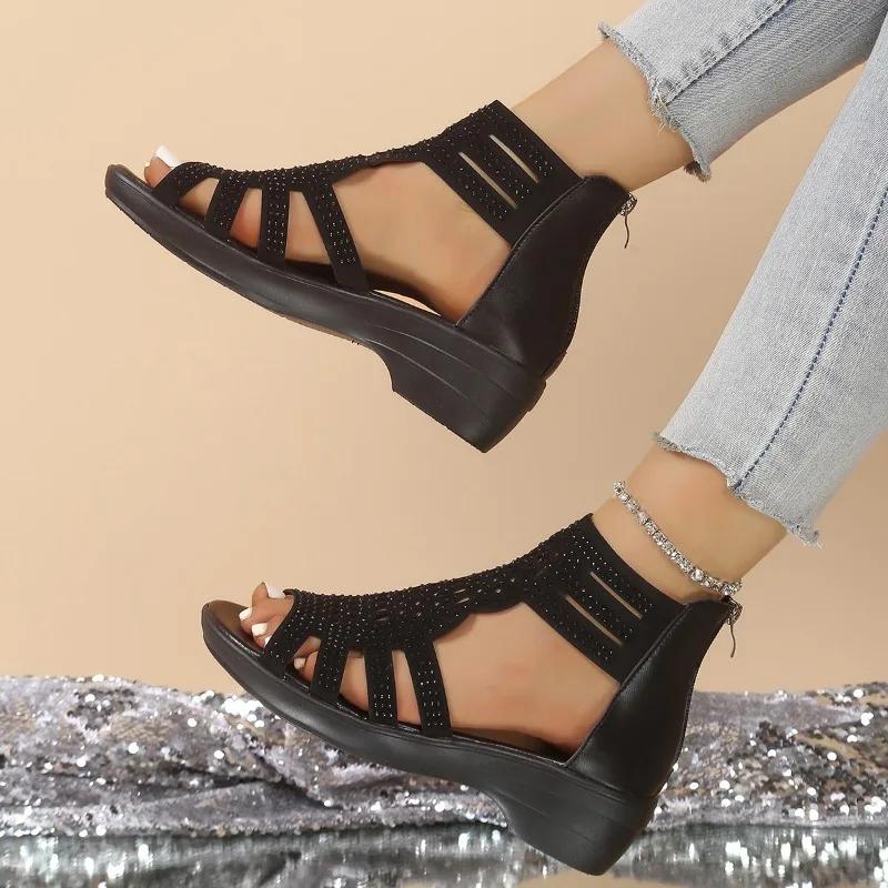 2025 Summer Casual Women's Peep Toe Sandals Outdoor Crystal Back Zip Sandals for Plus Size Ankle-wrap Comfortable Daily Shoes