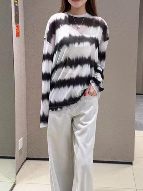 2026 Spring Round Neck Loose Slimming Stripe Casual Versatile Long Sleeve T-shirt